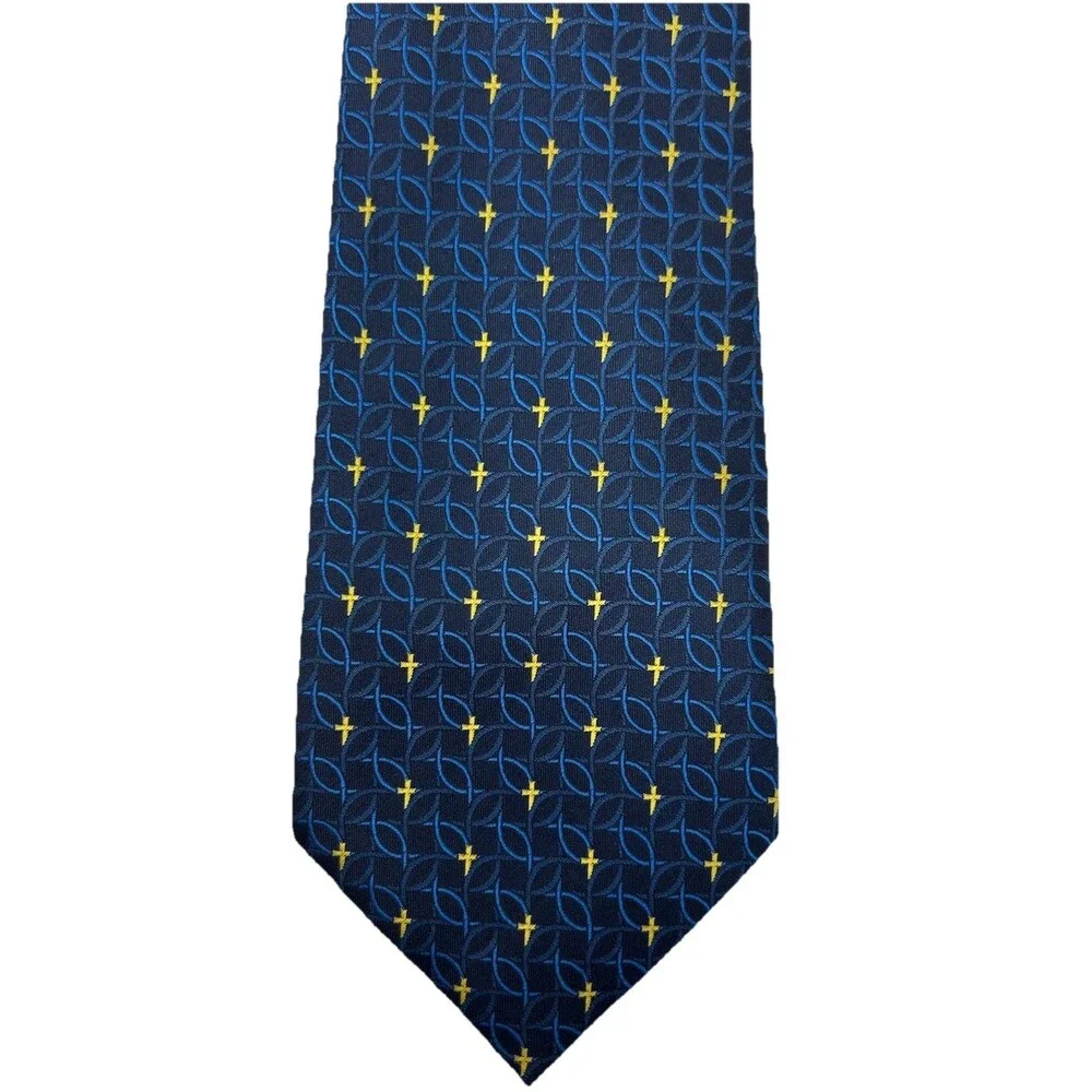 Eagle Neckwear Tie Blue Fish Gold Cross Pattern 100% Polyester  55.5
